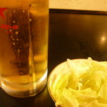 杉の家 - 生ビール中、キャベツ