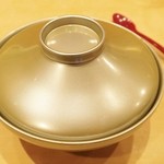 三谷 - お椀→ボタン海老、卵の味噌漬け