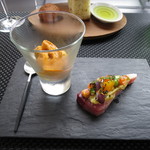 Felicelina - 無農薬人参ムース ウニ添え、金沢漁港天然ブリのカルパッチョ