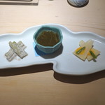 味三昧 - 先付　（芋茎の胡麻和え、もずく酢、蕪の黄身酢がけ）