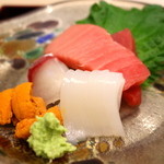 雲丹、本鮪、キハダマグロ、アカイカのお造り