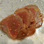 花井鮨 - イカわたのルイベ。辛口の日本酒と一緒に。