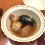 奈良屋 - 2015年11月：朝食…煮〆　大根、一口巾着、豚バラ、茄子
