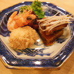 やま下 - 菜の花・タコの柔らか煮・しらさ海老・合鴨ロース煮