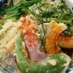 リカースタンド　ベルハウス - むじな(揚げ玉、お揚げ)+オマケの春菊、ししとう、おくら、かぼちゃ(２枚)