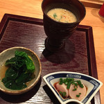 飛鳥汁、チヂミほうれん草のお浸し、白子ポン酢