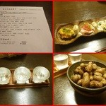 なん天 - 日本酒のみ比べ、お通し（牡蠣の有庵焼、地鶏のたたき、ズワイ蟹と汲み上げ湯葉、中国野菜のさっと煮）、落花生の塩茹で