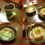 なん天 - 麦焼酎のお湯割り（月心）、おでん（牡蠣、葱生姜袋、大根）