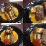 左：盛られた牛肉　右：牛肉を取り出したところ