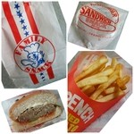 ロッキーバーガー - 半分にカットしたハンバーガーとラージサイズポテト(230円)