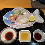 日本料理 幸庵 - 鰤の砂ずり、車海老の洗い、平目、ダルマイカ