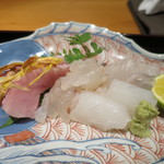 日本料理 幸庵 - 鰤の砂ずり、車海老の洗い、平目、ダルマイカアップ