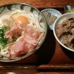 讃岐うどん 野らぼー - 本日のランチ(釜玉と牛肉のオイスターソース丼)