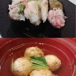 Kappasushi - かに3種食べ比べ軍艦、明石焼き風たこ吸い