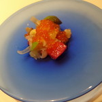 ピ・グレコ - 島根中トロ、サザエ、アオリイカ、塩イクラ
      水晶文旦、黒マメのインサラータ