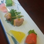 料亭 まつむら - 前菜 鴨ロース煮、サーモン菜の花巻き、柚子密煮、松葉昆布、赤大根半月サンド 