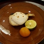 日本料理 太月 - 焼き物　明石のさわらのくもこ(真鱈の白子)焼き　金柑