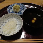 松川 - ご飯と味噌汁、香の物(いくら、唐墨、海苔、ちりめん山椒)2