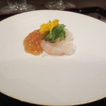 初音屋 - 口直しのボタン海老の土佐酢ジュレ。上に菊花とキュウリが。