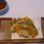 酒菜食房いち - 天ぷら　枝豆とトウモロコシのかきあげ、かぼちゃ、なす