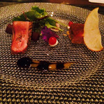 レストラン＆バー｢SKY J｣ - 2015年12月 林檎のキャラメリゼとフォアグラのテリーヌ合鴨と牛蒡の赤ワイン煮込み
