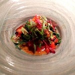 エクアトゥール - （2015/12  訪問）鮟鱇のロティ　焦がしバタートマトエルブソース　　牡蠣も乗ってました♪