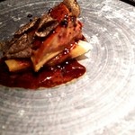 エクアトゥール - （2015/12  訪問）豚足と豚耳、トコブシのガレット仕立てとフォアグラロースト、トリュフソース　フォアグラの厚みが感動的♪