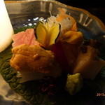 つば甚 - お造り　あわび、いか、うに、とろ炙り、鯛