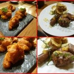 鶏料理ひとりひとり - 海老とササミのチリソース（これもチリーソースが絶品、中華屋さんより美味しい！）牛タンロースト（塩レモンのせ）、安納芋の天麩羅バター風味！