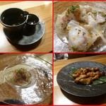 鶏料理ひとりひとり - もやしの浅漬け（お代わり自由）、日本酒（私は獺祭５０、家内はくどき上手）海鮮サラダ（レディーサラダ大根と海鮮のマリネサラダ）