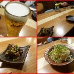 鶏料理ひとりひとり - 先ずは生ビール、お通しはモツ煮込み