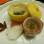 名古屋 浅田 - 12月：前菜（ゆず釜、甘エビ、このわた、なまこ和え、自家製唐墨、カブ蒸し）