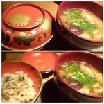 大どころ - むかご飯と大分原木どんこ椎茸、キノコのお味噌汁。
      この塗り物も素晴らしい・・こちらは器にも拘られているので楽しめます。