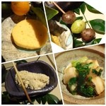 大どころ - ＊アンポ柿チーズ寄せ・・柿とチーズがよく合い、ツマミに最適。
      ＊タイラギのビラ、おろし和え
      ＊？？の真子・・真子好きですので嬉しい品でした。
      ＊銀杏とむかごの素揚げ