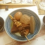 居酒屋 らくがき - おでん一盛り、つけ味噌、鰹の酒盗
