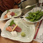 大阪 満マル - 刺身盛り合わせ×２、枝豆(2015.12.26)