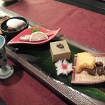 Oyado Ikegami - 魚津の梨のブランデー漬け、立山ポーク角煮、沖の女郎オイル漬けなど