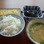 Saijou Fukutake Shokudou - 茄子揚浸し、食堂の玉子焼、めし（中）、みそ汁