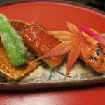 日本料理 多可橋 - 秋鮭の麹漬け、冬瓜田楽の柚子味噌、しし唐と干し柿の天ぷら