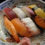 和風料理　金比羅亭 - ◆にぎりは8貫。
            ネタはスーパーのお寿司のような感じかしら。
            シャリは機械で作ったもので、大きめ。
            お味云々ではなく、取りあえずお腹は満たされた様ですが・・(⌒-⌒; )