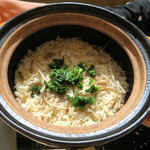 竹ざき - 8】食事：ゴボウとセリの土鍋ご飯(2015.12月)