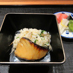 竹ざき - 8】食事:ゴボウとセリの土鍋ご飯・鰆の幽庵焼きの丼仕立て(2015.12月)