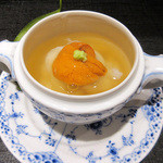 竹ざき - 1】先付:甘鯛の蕪蒸し 釧路の昆布森の雲丹　(2015.12月)