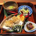 竹ざき - 5】海老芋あられ揚げ あん掛け 慈姑チップ あん肝 ツブ貝と大根の酢味噌和え なまこ(2015.12月)