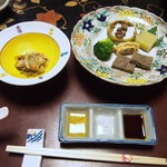 いさり火 - 【夕食】先漬：魳と蕪の土佐和え、前菜：伊豆鹿肉松風、蓮根挟み揚げ、ブロッコリ山葵クリーム、零余子（むかご）の塩茹で、柚子羊羹