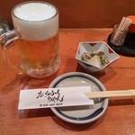 たらふくちゃん - 生ビール(ジョッキ480円)とお通し(カブのきのこあんかけ)
