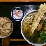熟成うどん なかや - ちく天梅こんぶうどんと鶏とごぼうのかやくごはん＠熟成うどんなかや（2016年1月某日）