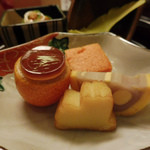 渡風亭 - 十二月：前菜（ふくさ人参、くわいカステラ、からし蓮根、金柑に鶏レバー羹）