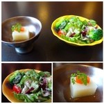 人形町今半 - ＊雪中豆腐と野菜サラダ
      「雪中豆腐」は優しい味わい・野菜サラダには「葉物」だけでなく「ブロッコリー」や「ミニトマト」が入っています。