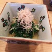新富 なぐも - （2016/1  訪問）だし茶漬け定食。ほうれん草とセリのお浸し。